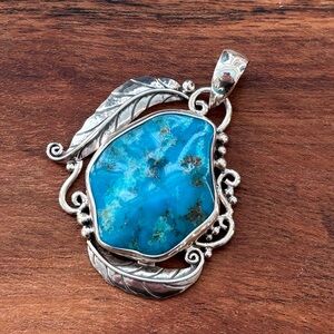 Large Sterling Silver Turquoise Leaf Pendant